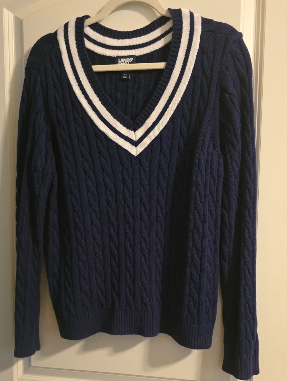 Lands' End Men's Navy Cable-Knit V-Neck Sweater with White Stripe Trim